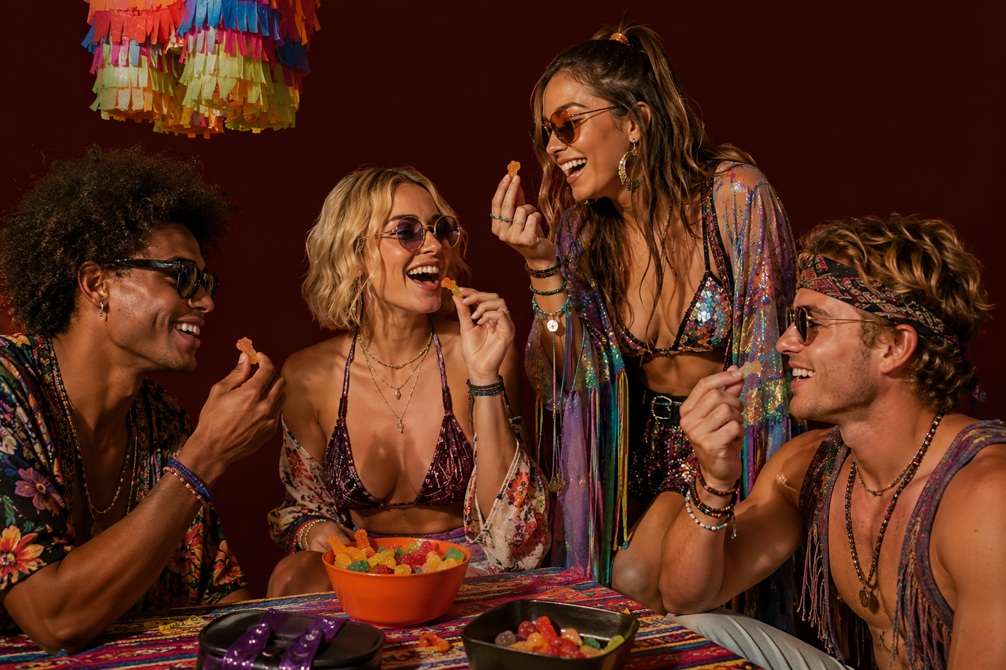 A group of friends sharing THC gummies at an outdoor music festival while keeping the vibe relaxed.  
