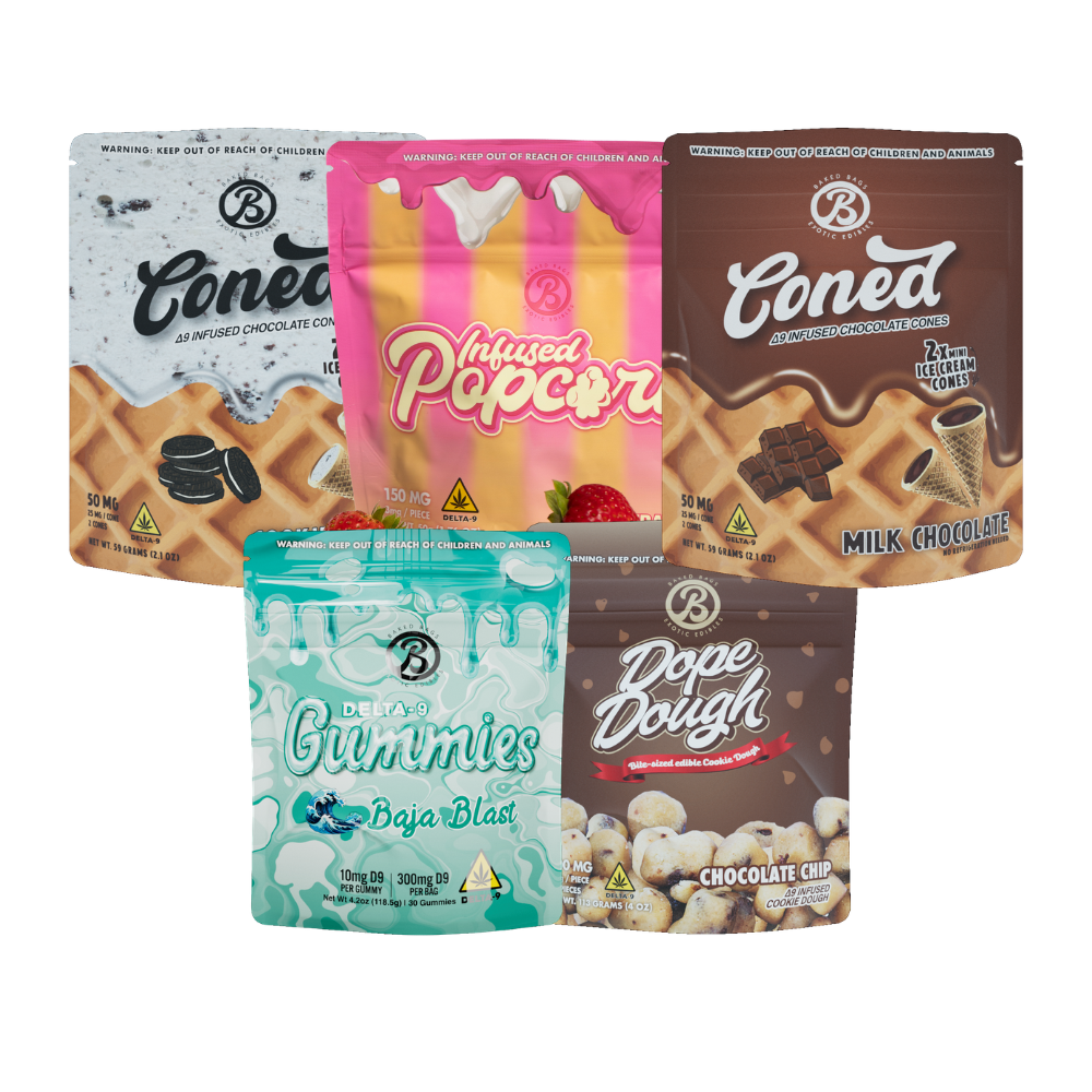 Baked Bags Delta-9 5-product sampler: Coned Cookies & Cream, Infused Popcorn Strawberry, Coned Milk Chocolate, Baja Blast Gummies, Dope Dough Chocolate Chip