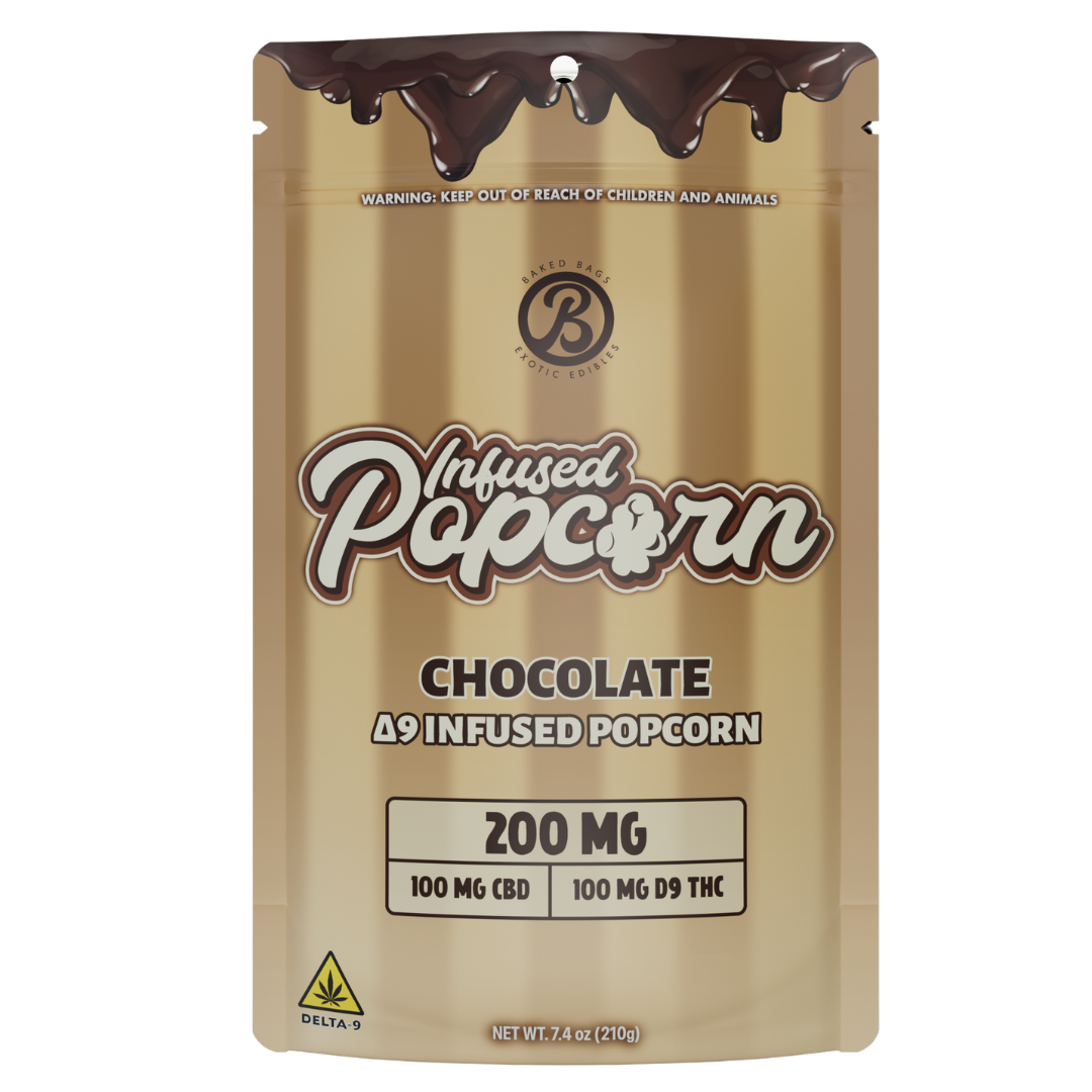 Chocolate-flavored Delta 9 infused popcorn packaging 