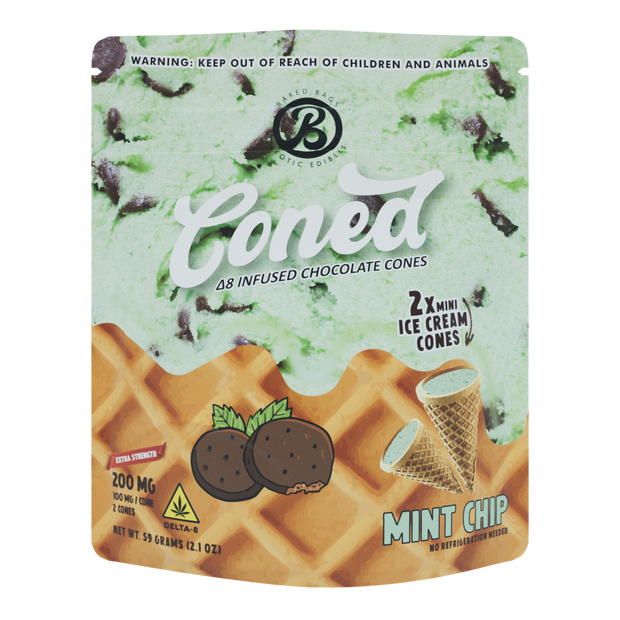 Baked Bags Exotic Edibles Coned in Mint Chip flavor, containing 2 Extra Strength Delta-8 infused mini chocolate ice cream cones 