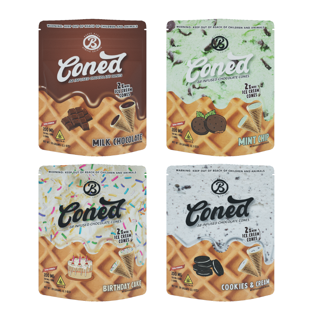 
                  
                    Baked Bags Exotic Edibles Coned mini chocolate ice cream cones in Milk Chocolate (brown), Mint Chip (green), Birthday Cake (sprinkles), and Cookies & Cream (white) flavors
                  
                