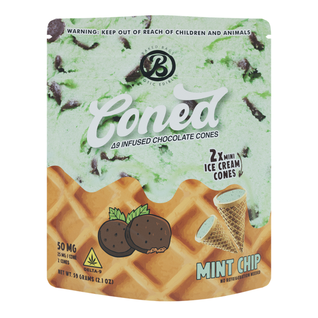 Baked Bags Exotic Edibles Coned in Mint Chip flavor, containing 2 Delta-9 infused mini chocolate ice cream cones
