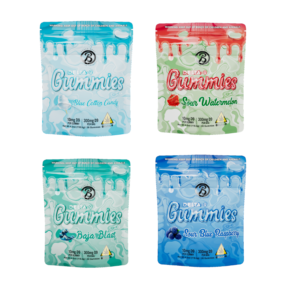 Baked Bags Delta-9 Gummies Variety Pack – Blue Cotton Candy, Sour Watermelon, Baja Blast, Sour Blue Raspberry