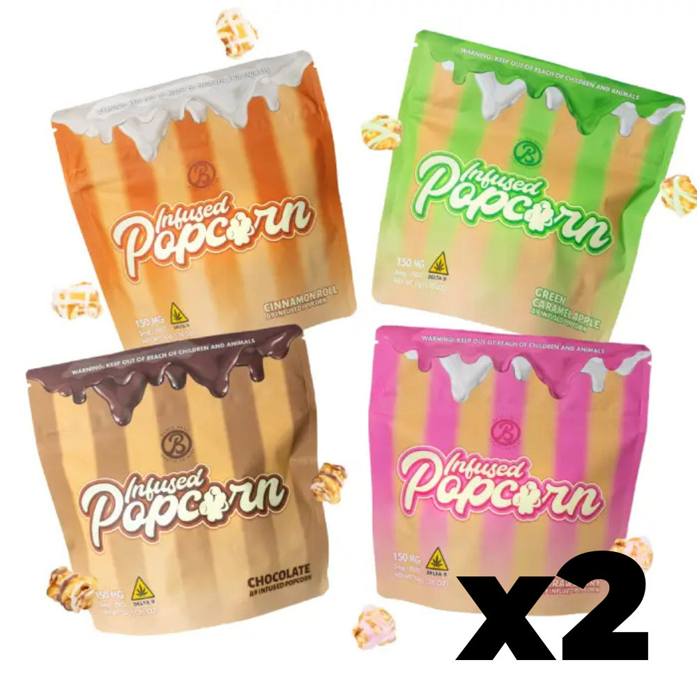 Baked Bags Delta-9 Infused Popcorn double variety bundle – 2x each of Cinnamon Roll, Green Caramel Apple, Chocolate, Strawberry