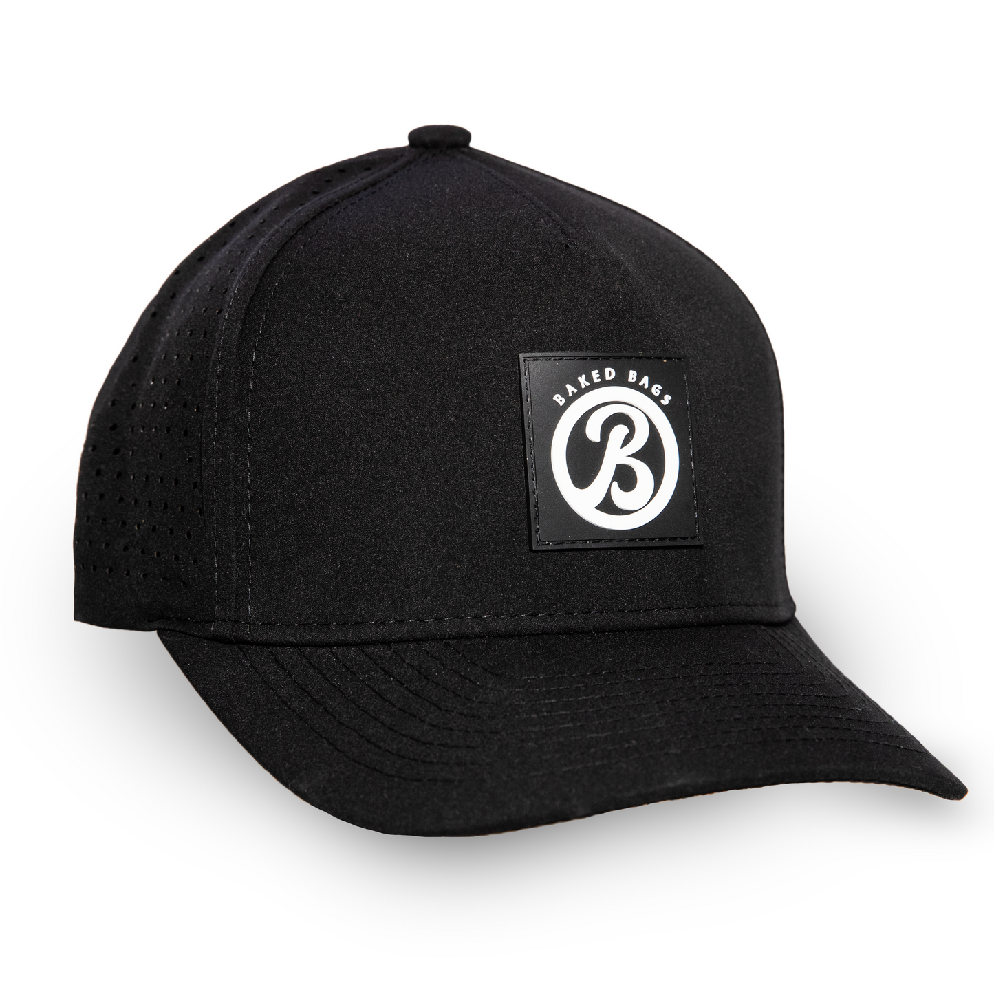 A black baseball cap with a white 'Baked Bags' logo on the front.
