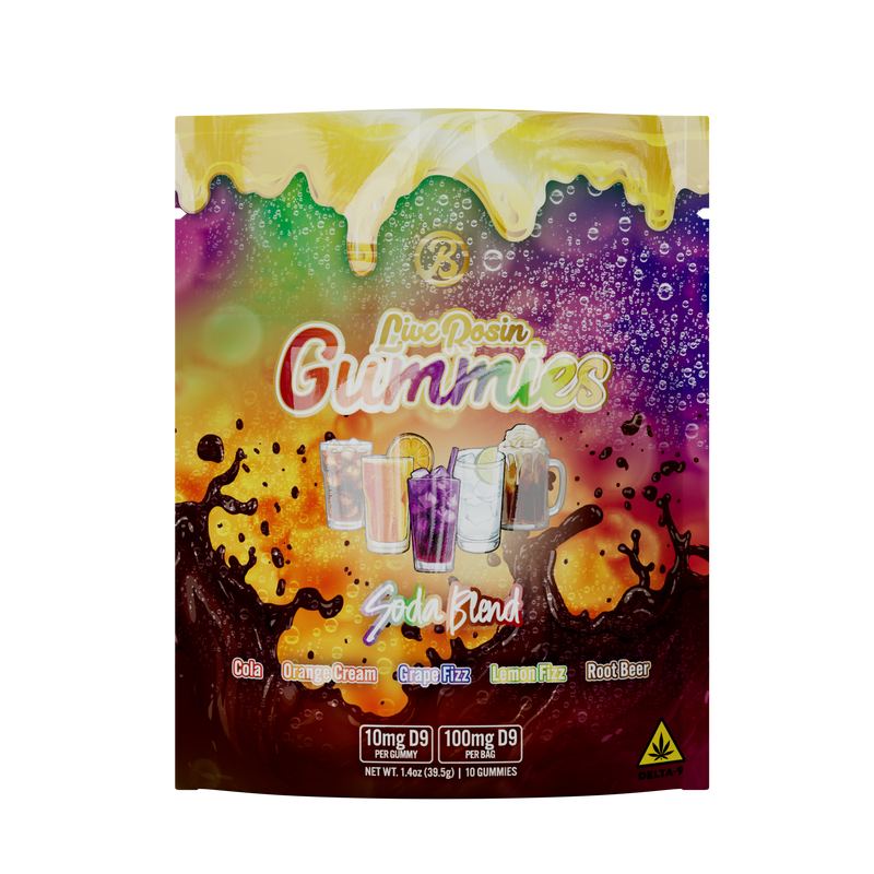 Baked Bags Live Rosin Gummies in Soda Blend featuring Cola, Orange Cream, Grape Fizz, Lemon Fizz, and Root Beer flavors, containing 10 Delta-9 infused gummies at 10mg each