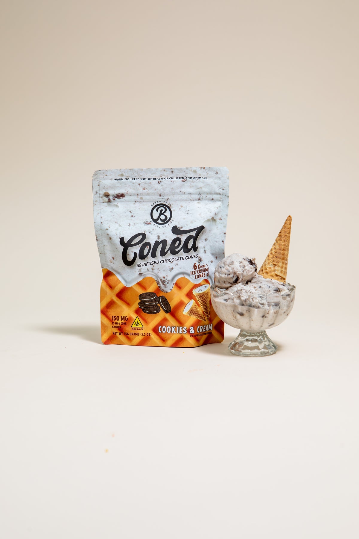 Cookies and Cream CONED pouch with ice cream and waffle cone